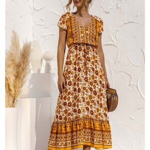 Orange Floral Button-Front Short-Sleeve Maxi Dress